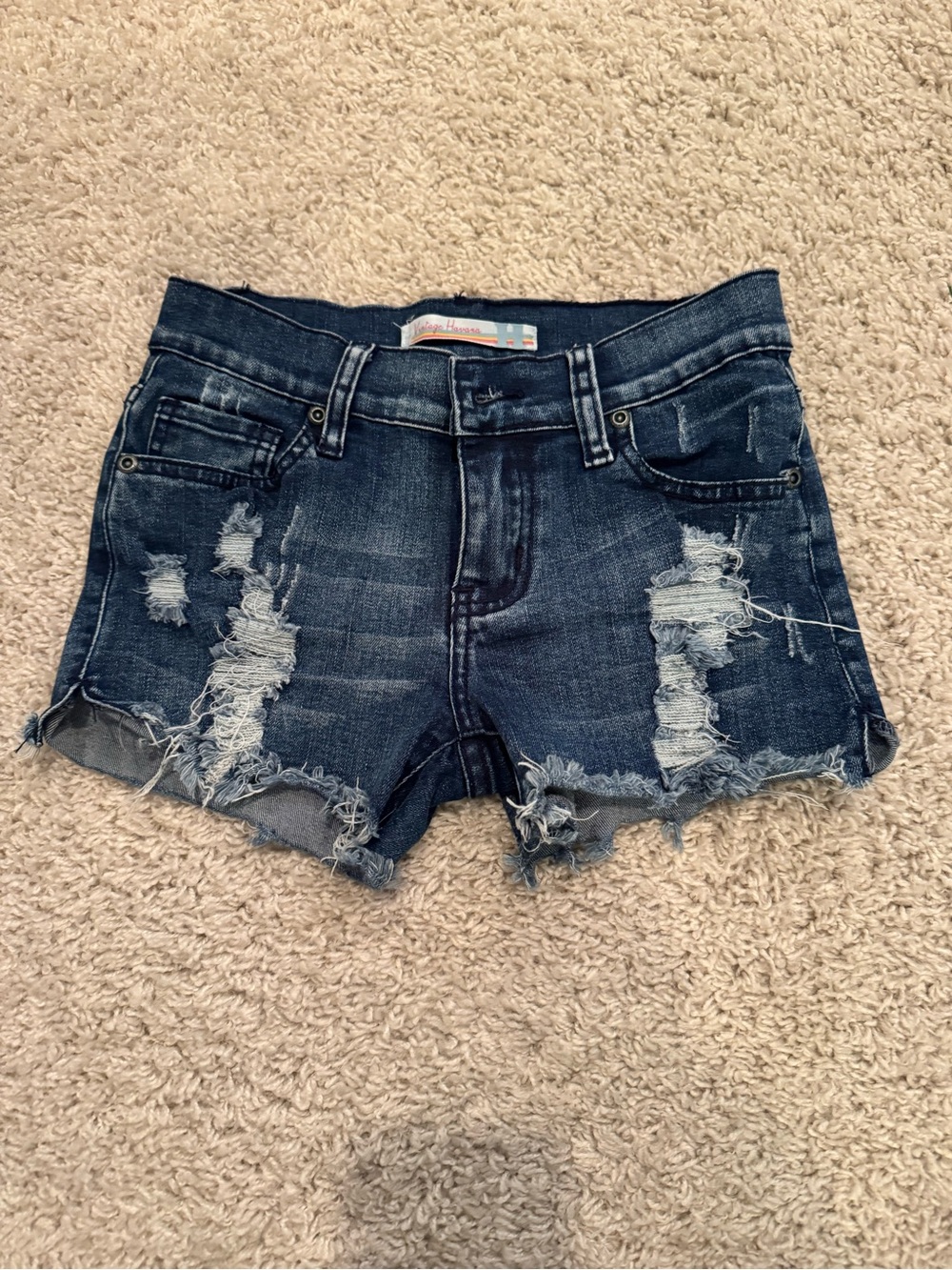 Vintage Havana Dark Blue Distressed Denim Shorts